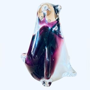 Hand Blown Glass Purple and White Penguin Figurine Paperweight 4”